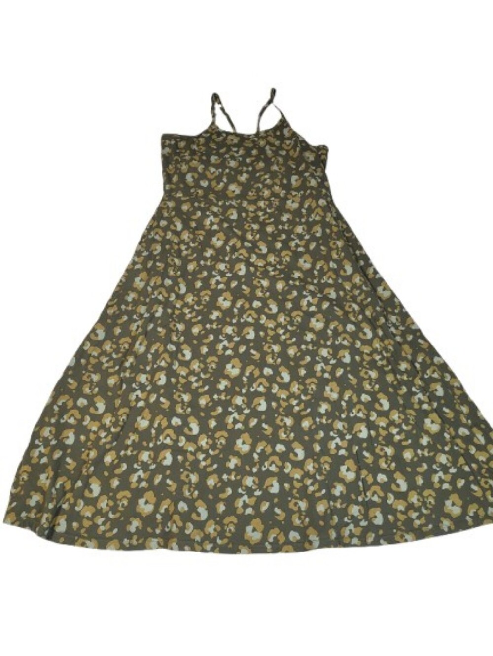 Pact Organic Cotton Midi Dress Green Leopard Print Abstract Fit Flare Shelf Bra